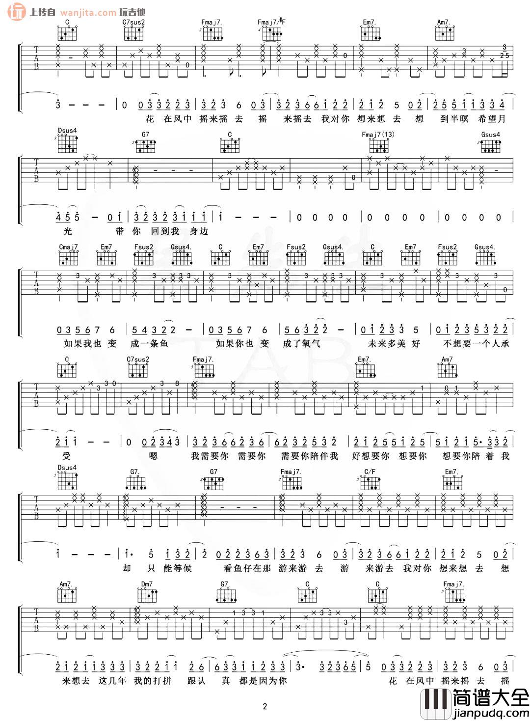 卢广仲_鱼仔_吉他谱_C调原版六线谱_鱼仔吉他弹唱演示