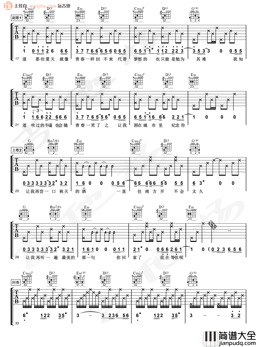 安河桥吉他谱_宋冬野_G调六线谱__安河桥_吉他弹唱演示