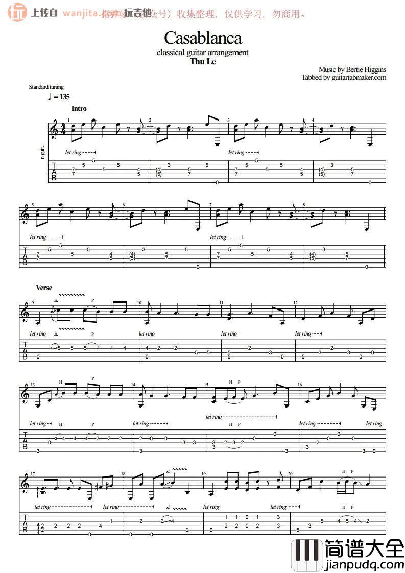 卡萨布兰卡指弹吉他谱_经典吉他独奏__北非谍影_插曲