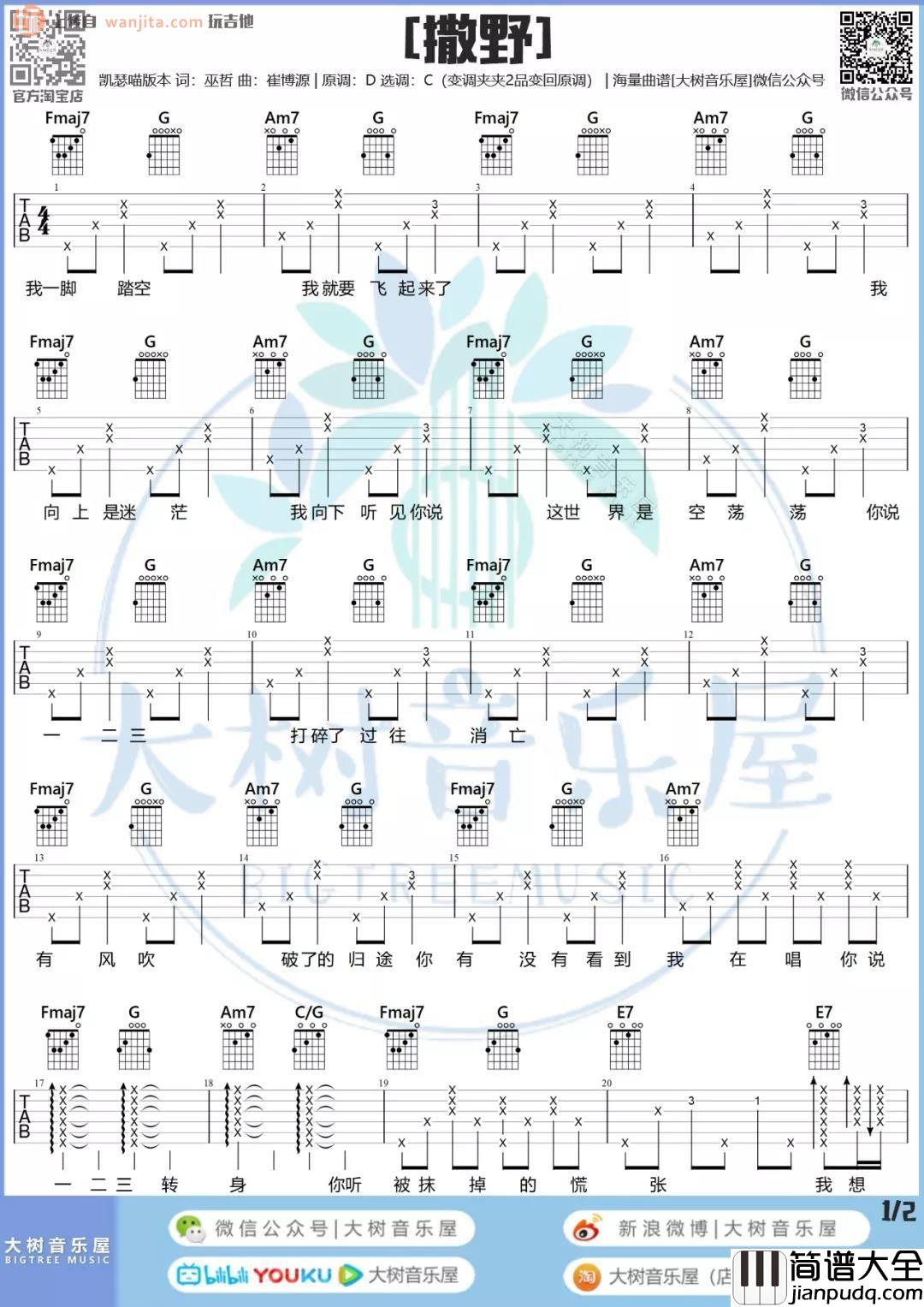 撒野吉他谱_凯撒喵_C调六线谱__撒野_吉他弹唱演示视频