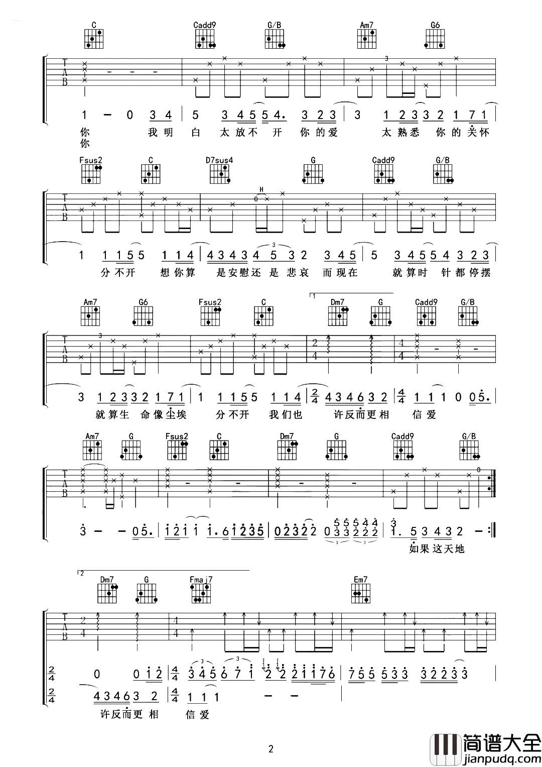 忽然之间吉他谱_莫文蔚_C调弹唱六线谱_吉他教学视频