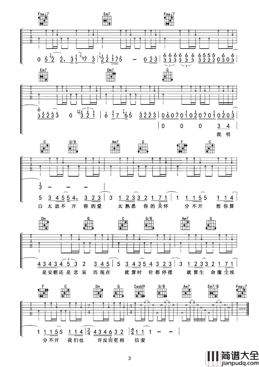 忽然之间吉他谱_莫文蔚_C调弹唱六线谱_吉他教学视频