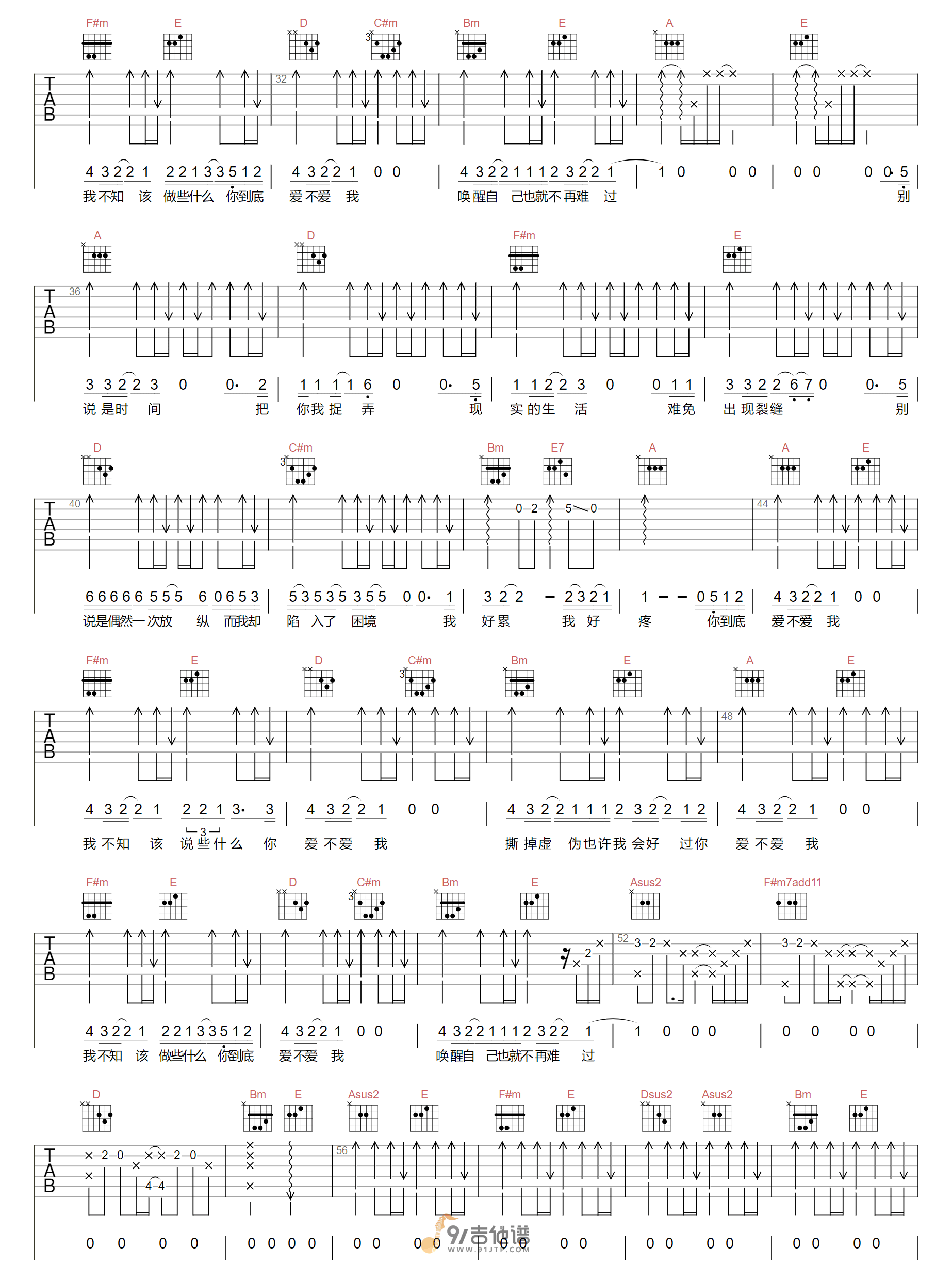 零点乐队_爱不爱我_吉他谱_A调指法原版编配_民谣吉他弹唱六线谱