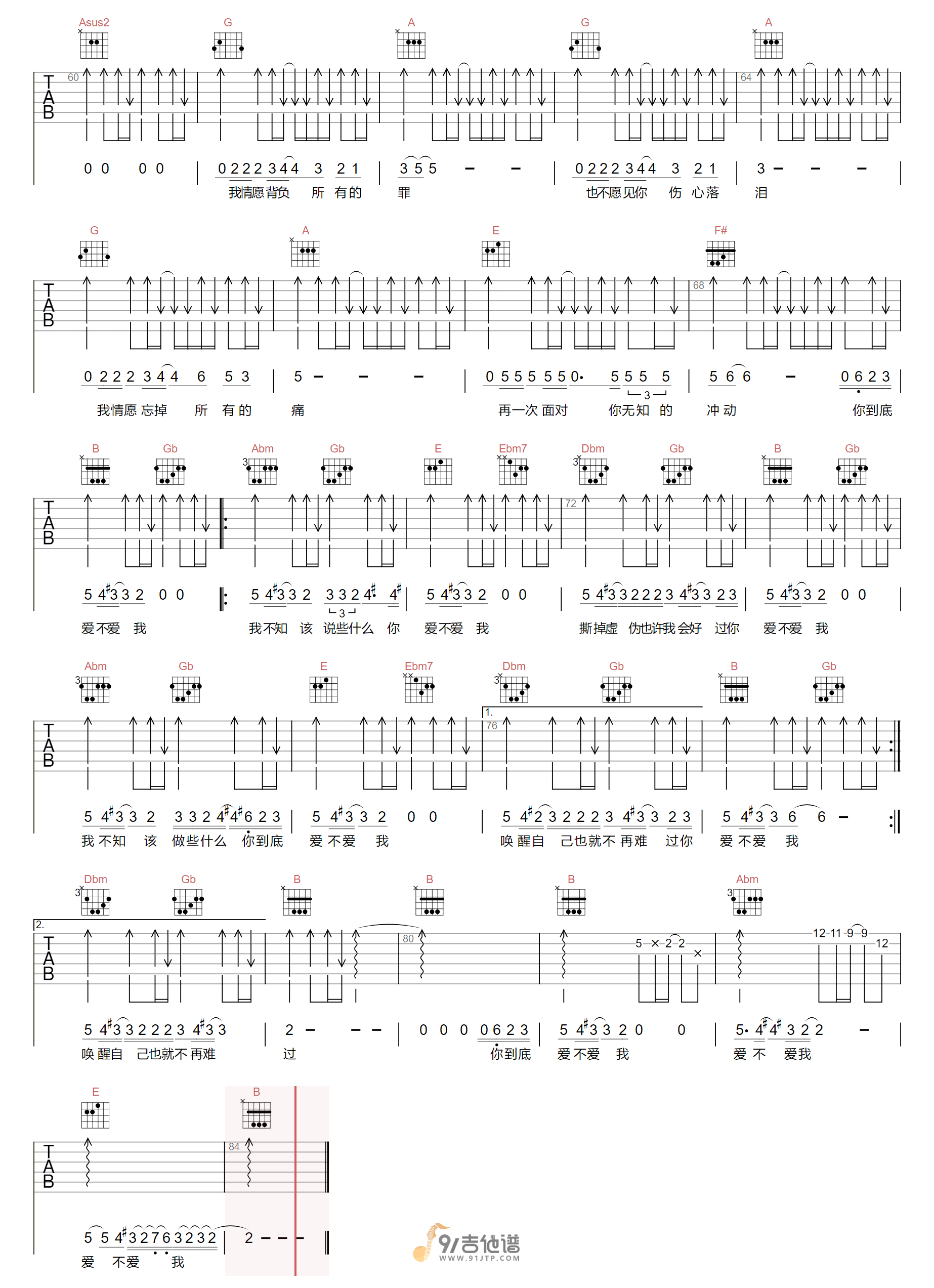 零点乐队_爱不爱我_吉他谱_A调指法原版编配_民谣吉他弹唱六线谱