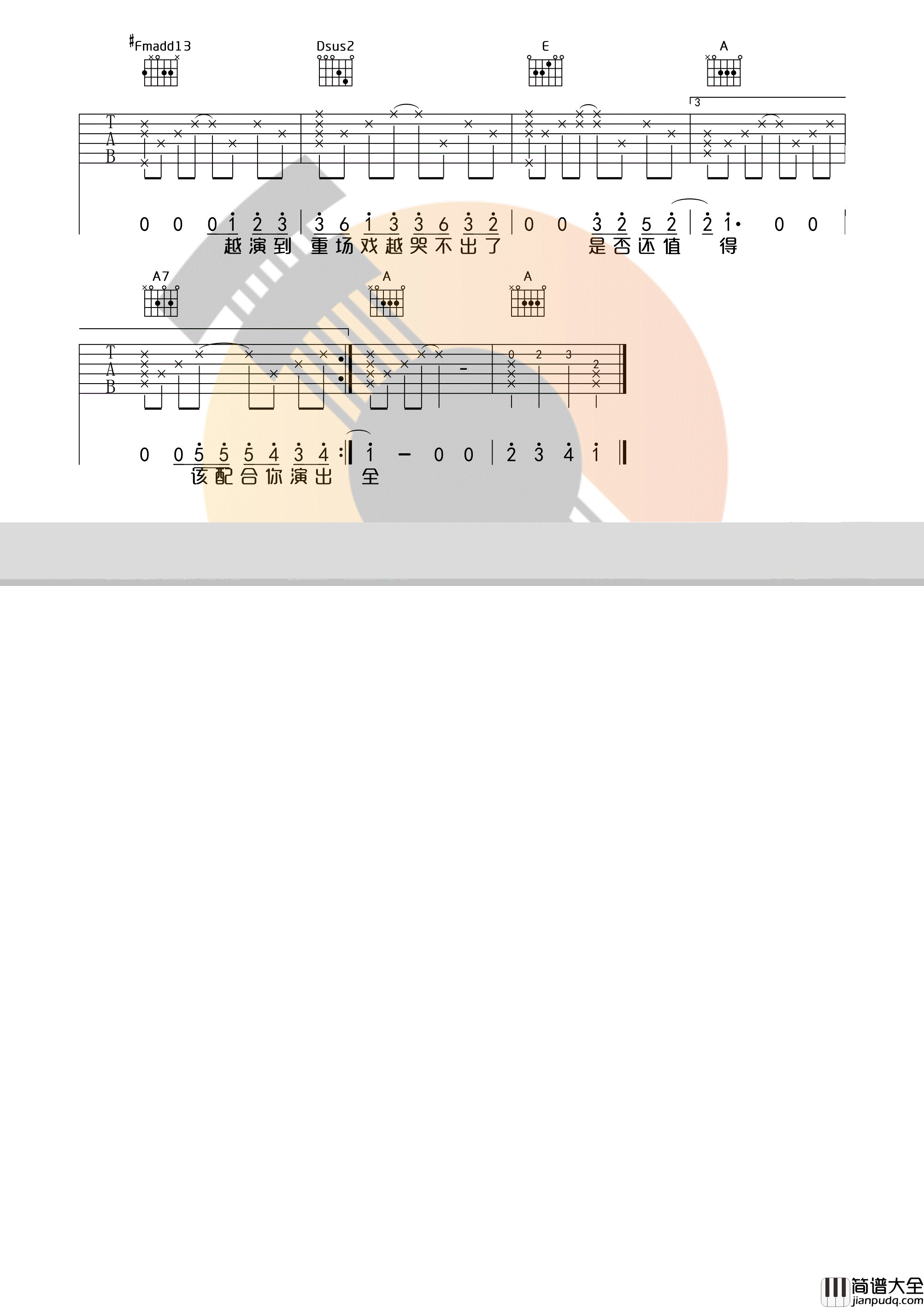 演员_薛之谦_A调原版完整版吉他谱_简化指法_唯音悦制谱|吉他谱|图片谱|高清|薛之谦