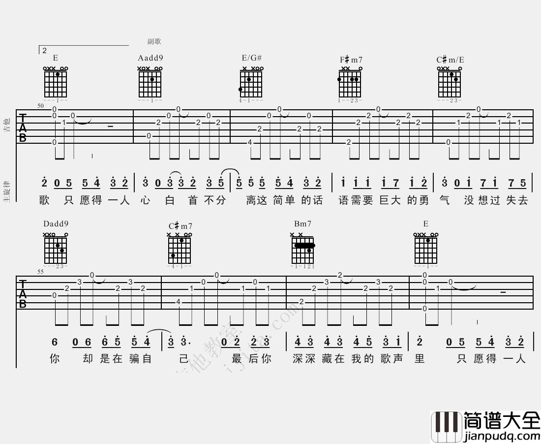 李行亮_愿得一人心_吉他谱(A调)_Guitar_Music_Score