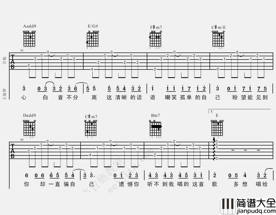 李行亮_愿得一人心_吉他谱(A调)_Guitar_Music_Score