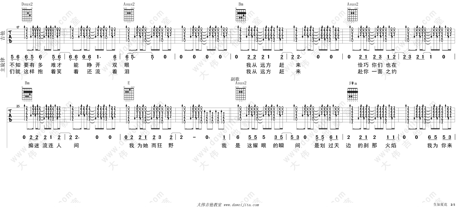 朴树_生如夏花_吉他谱(A调)_Guitar_Music_Score
