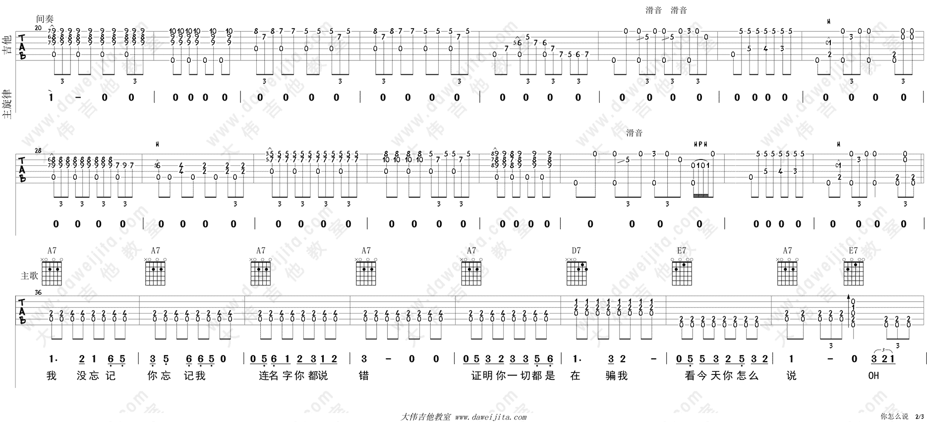 邓丽君_你怎么说_布鲁斯版__吉他谱(A调)_Guitar_Music_Score