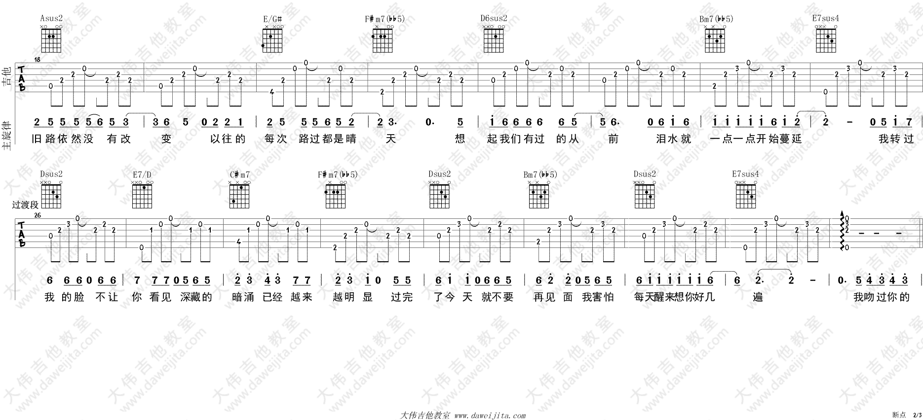 张敬轩_断点_吉他谱(A调)_Guitar_Music_Score