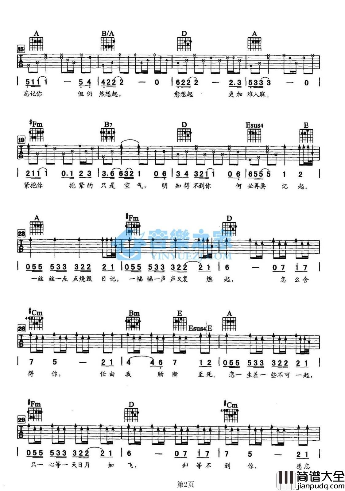 怎么舍得你吉他谱_A调_音乐之家编配_张学友