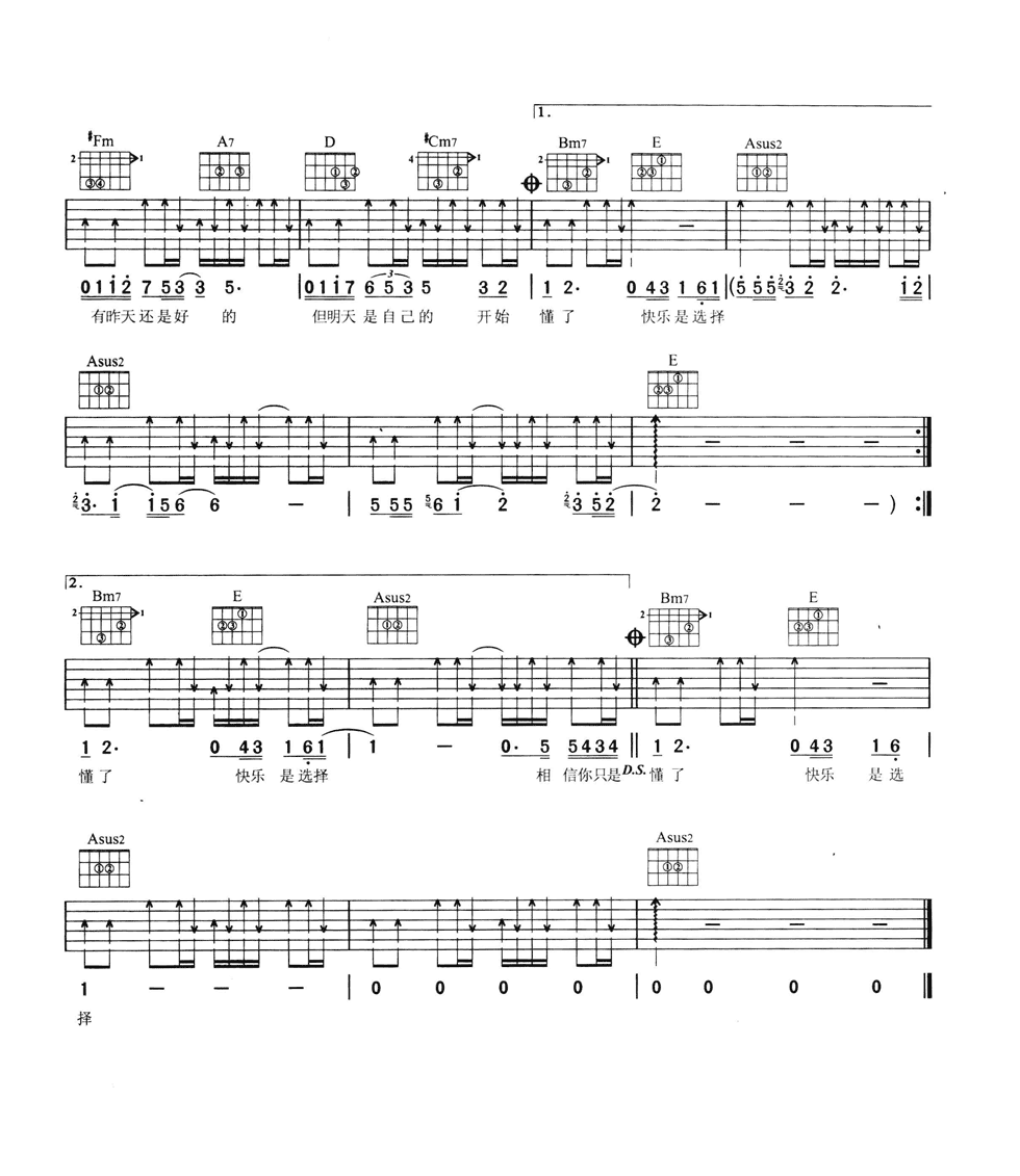 开始懂了吉他谱_A调六线谱_扫弦版_孙燕姿