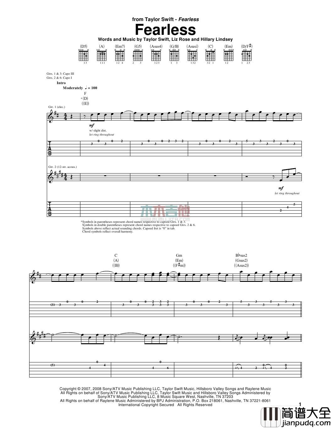 fearless吉他谱_A调女生版_木木吉他编配_Taylor_Swift