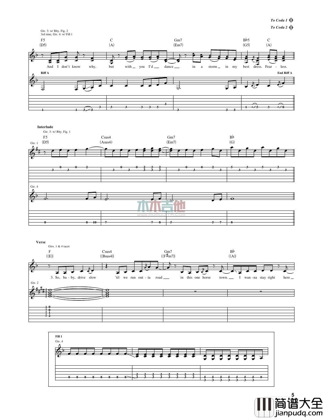 fearless吉他谱_A调女生版_木木吉他编配_Taylor_Swift