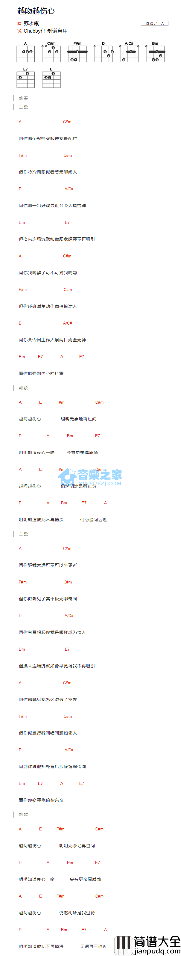 越吻越伤心吉他谱_A调和弦谱_音乐之家编配_苏永康