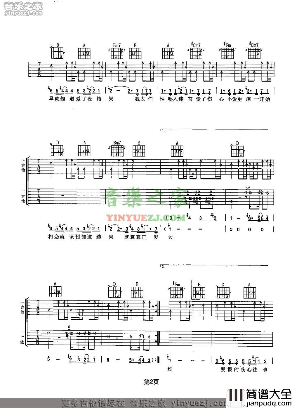 早知吉他谱_A调双吉他版_音乐之家编配_谢霆锋