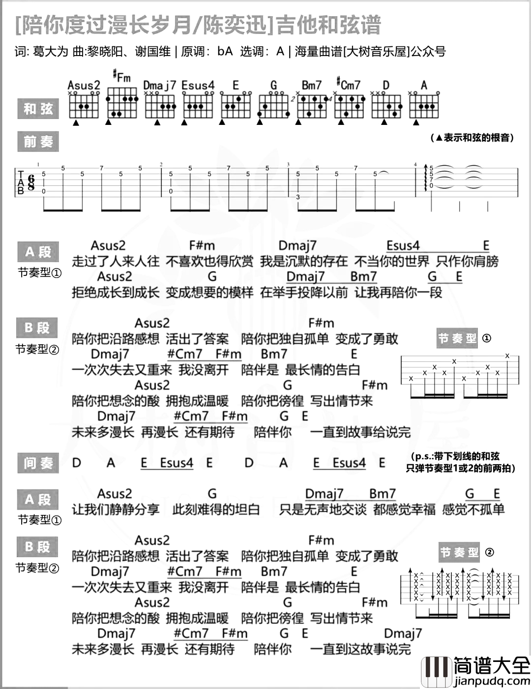 陈奕迅_陪你度过漫长岁月_吉他谱_A调原版吉他演示教学