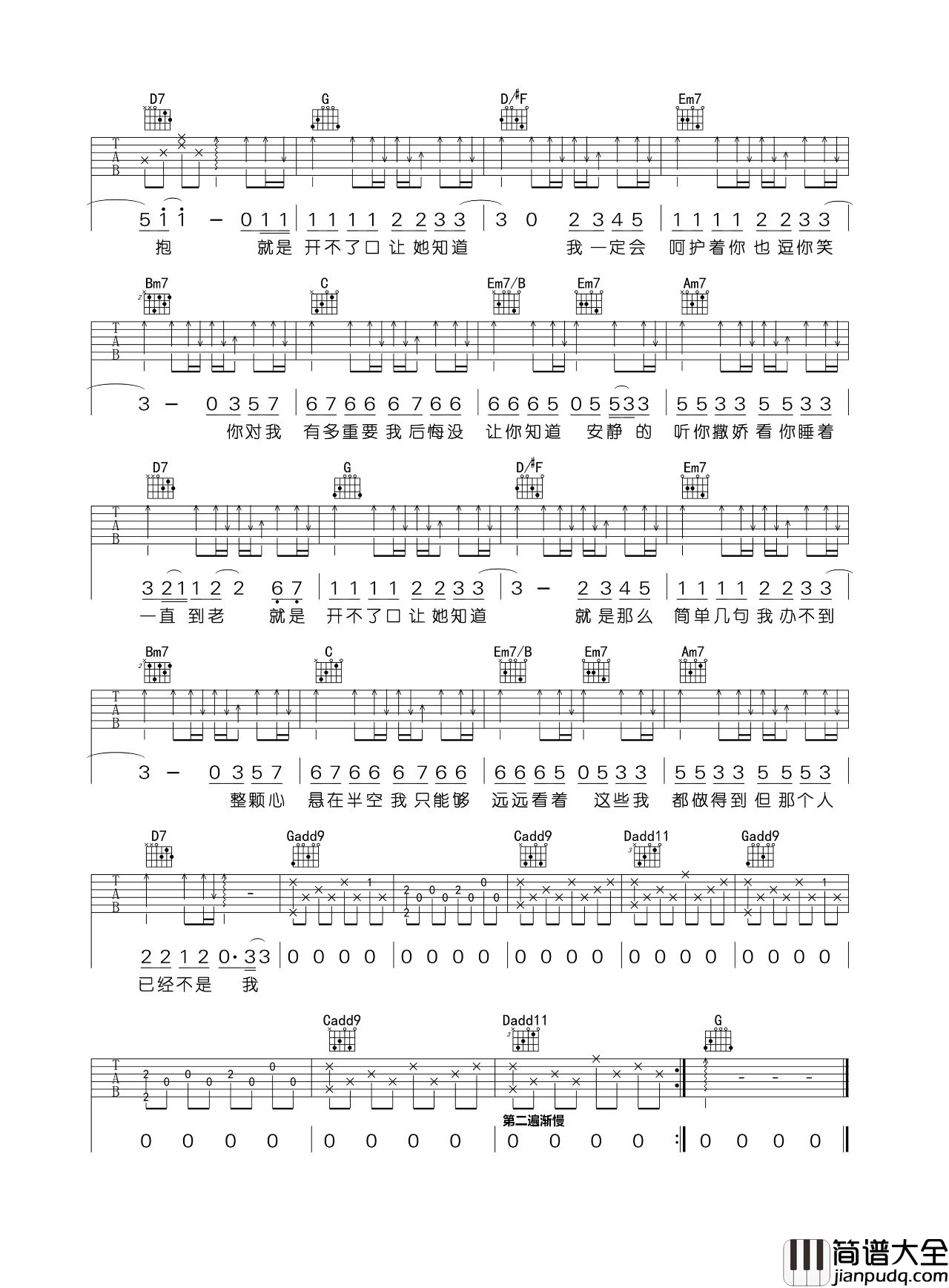 开不了口吉他谱_周杰伦_A调原版六线谱_高清弹唱谱