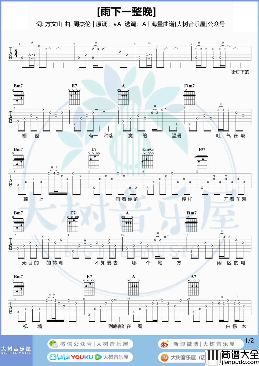雨下一整晚吉他谱_周杰伦_A调原版六线谱_吉他弹唱演示教学