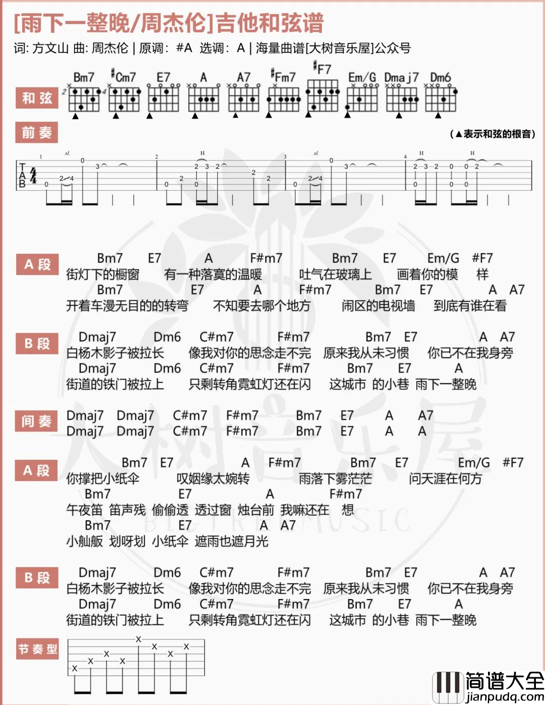雨下一整晚吉他谱_周杰伦_A调原版六线谱_吉他弹唱演示教学