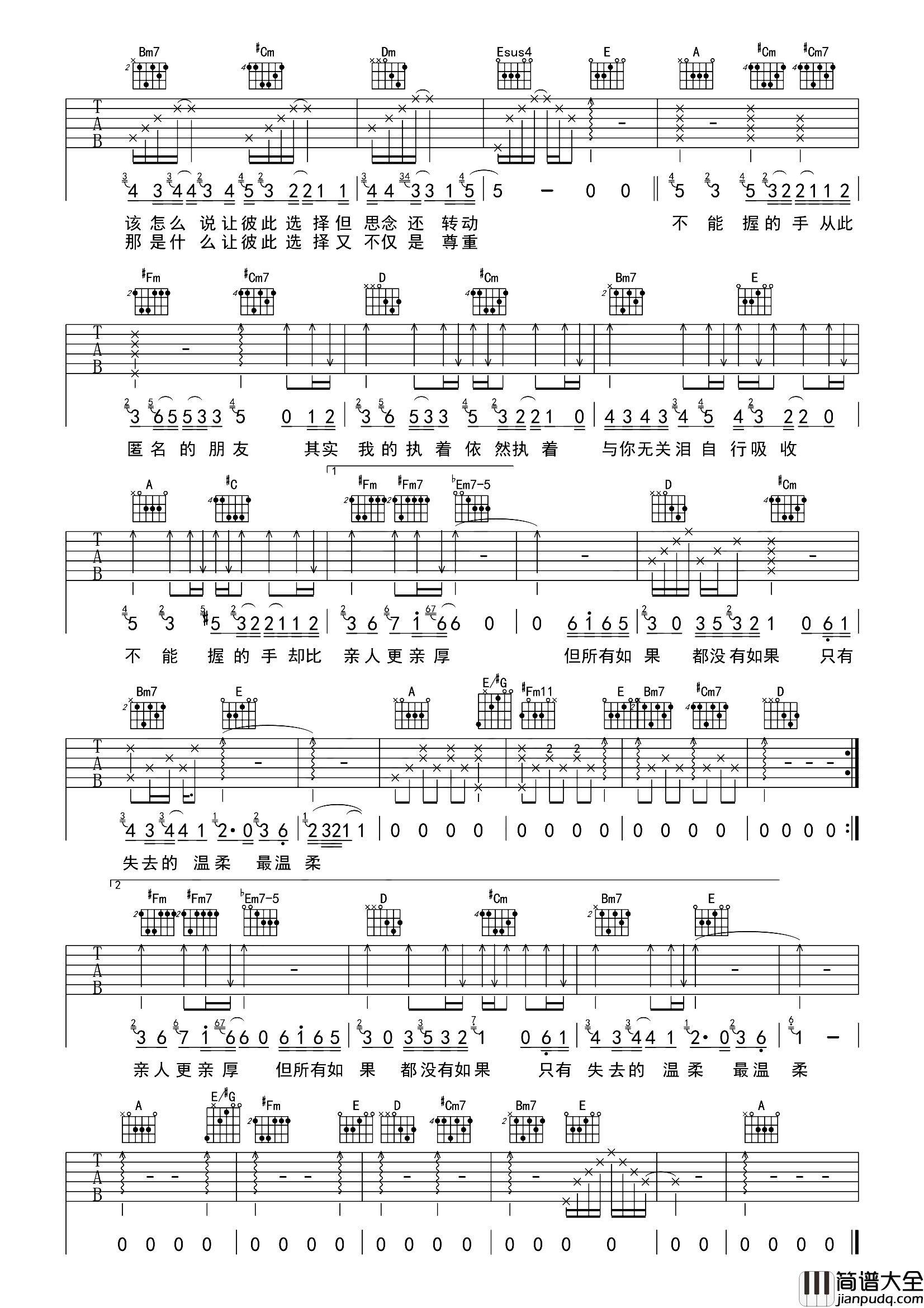 匿名的好友吉他谱_刘大拿_A调指法编配