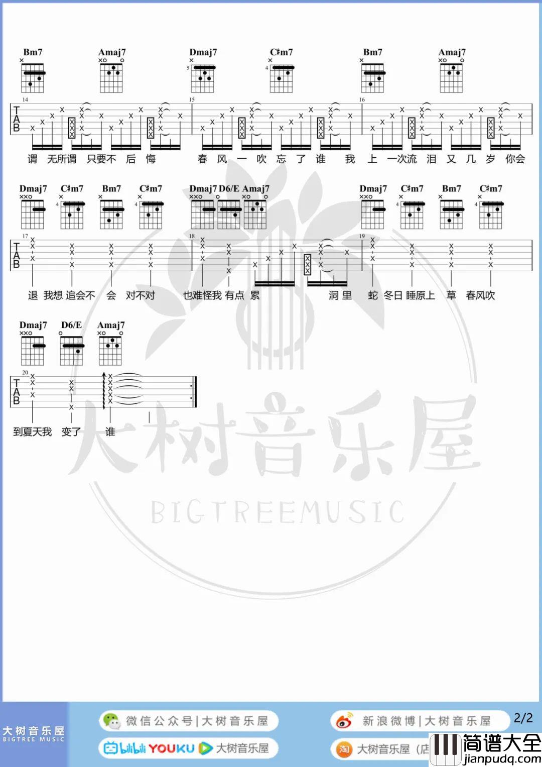 春风吹吉他谱_方大同_A调指法原版六线谱_吉他弹唱教学