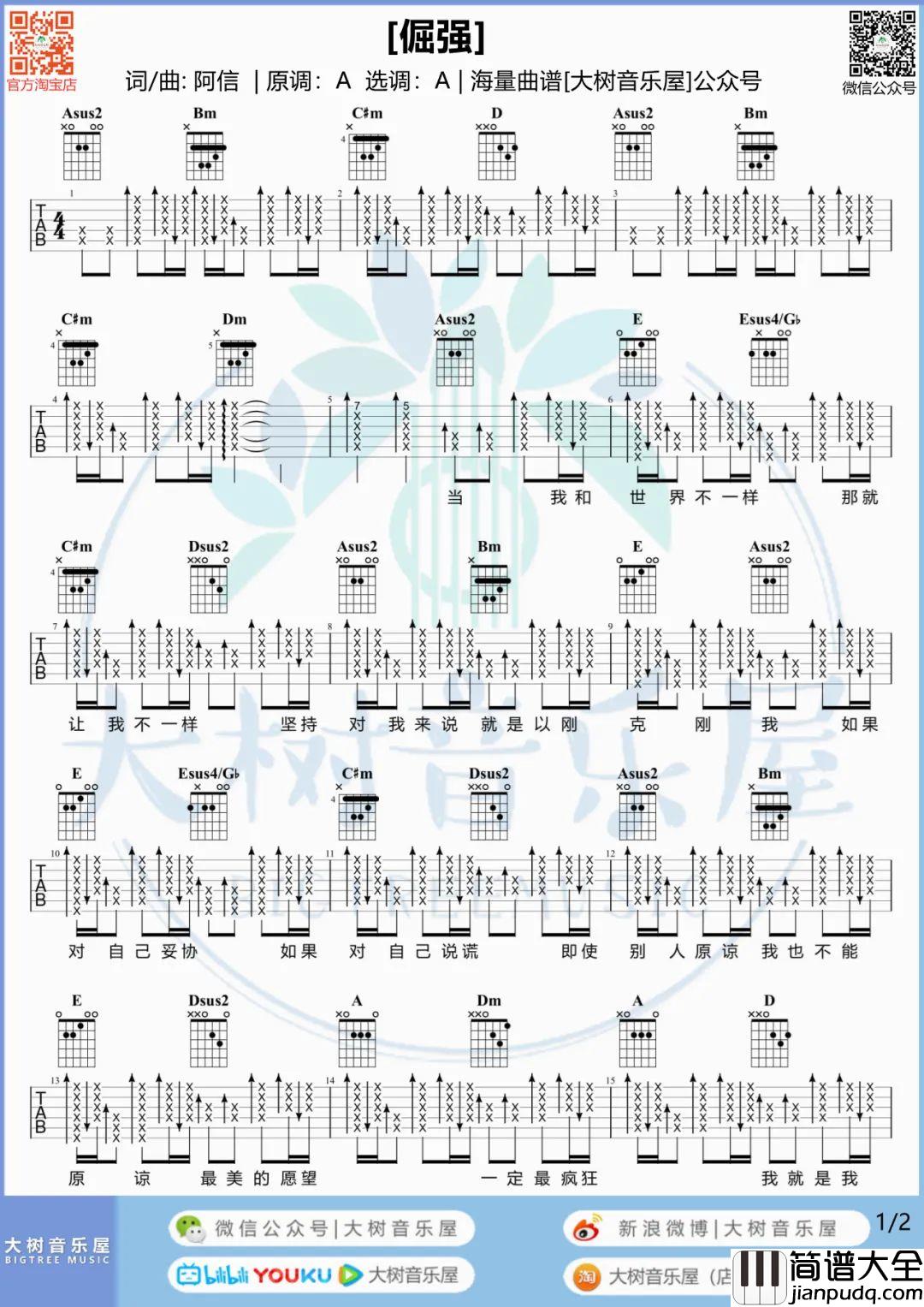 倔强吉他谱_五月天_A调原版六线谱/和弦谱_吉他弹唱教学