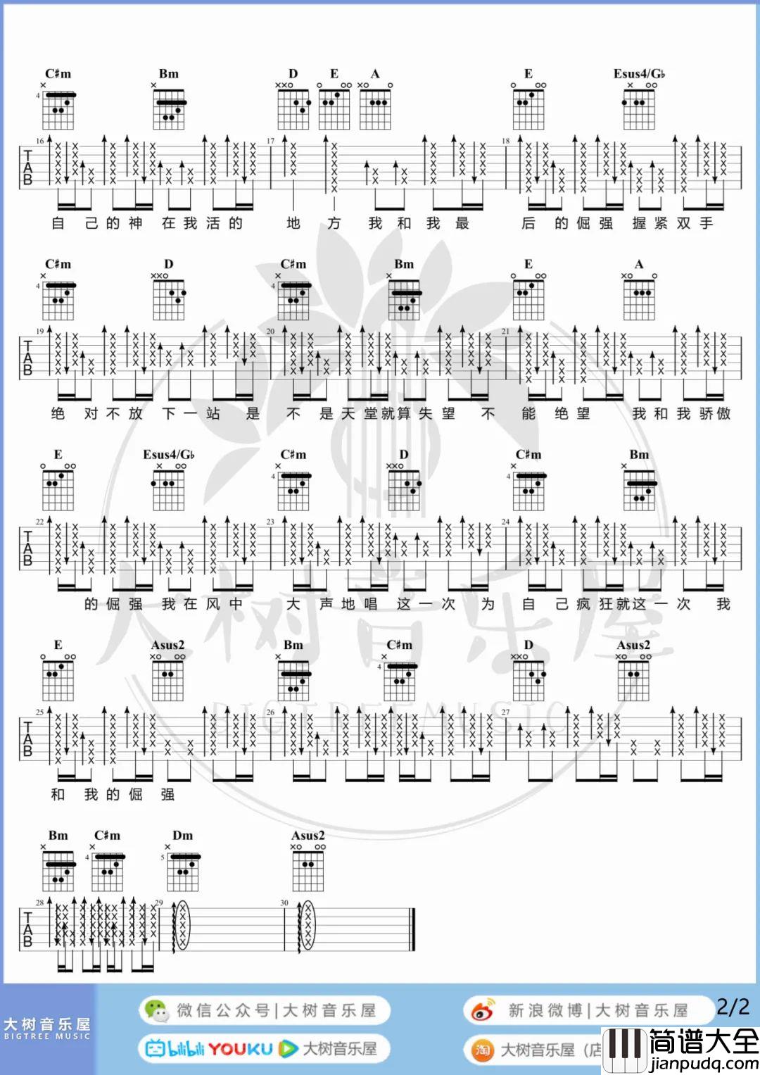 倔强吉他谱_五月天_A调原版六线谱/和弦谱_吉他弹唱教学