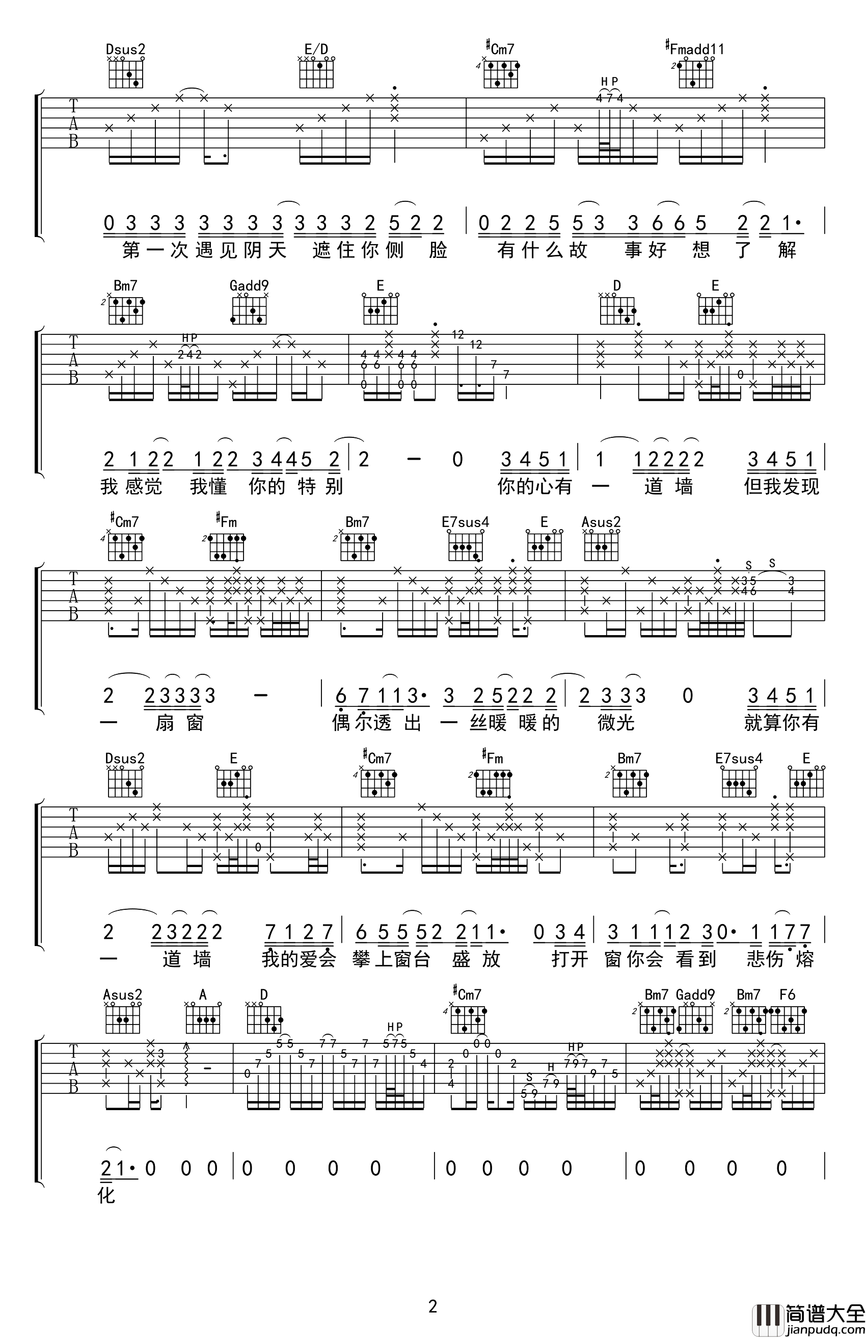 心墙吉他谱_林俊杰_A调弹唱六线谱_图片谱