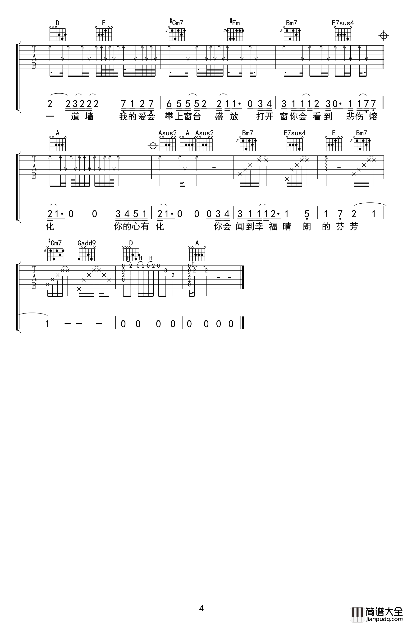 心墙吉他谱_林俊杰_A调弹唱六线谱_图片谱