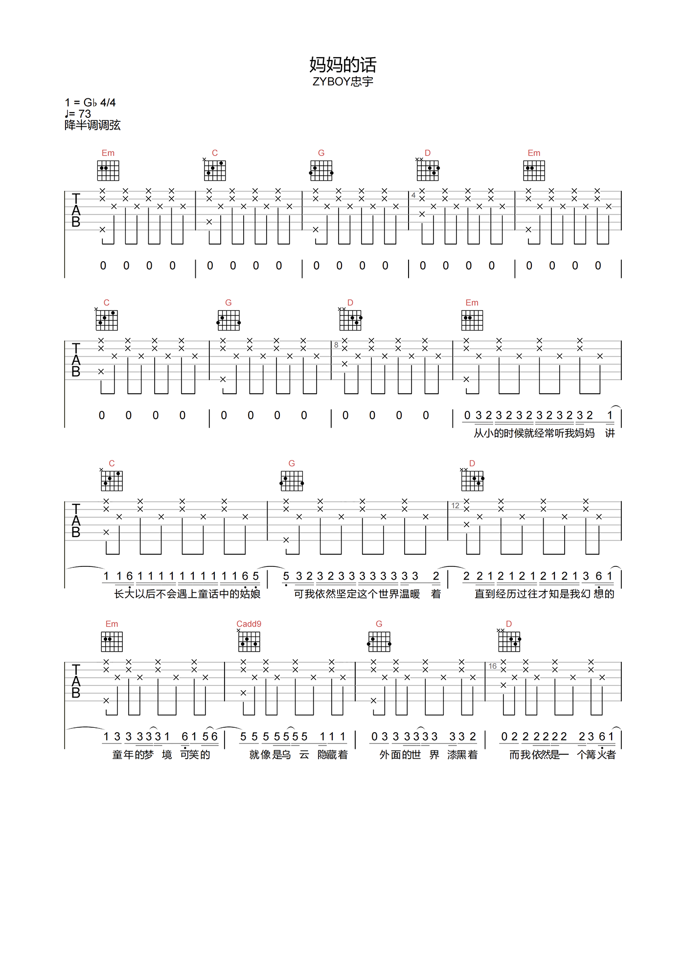 ZYBOY忠宇_妈妈的话_吉他谱_A调原版弹唱吉他谱