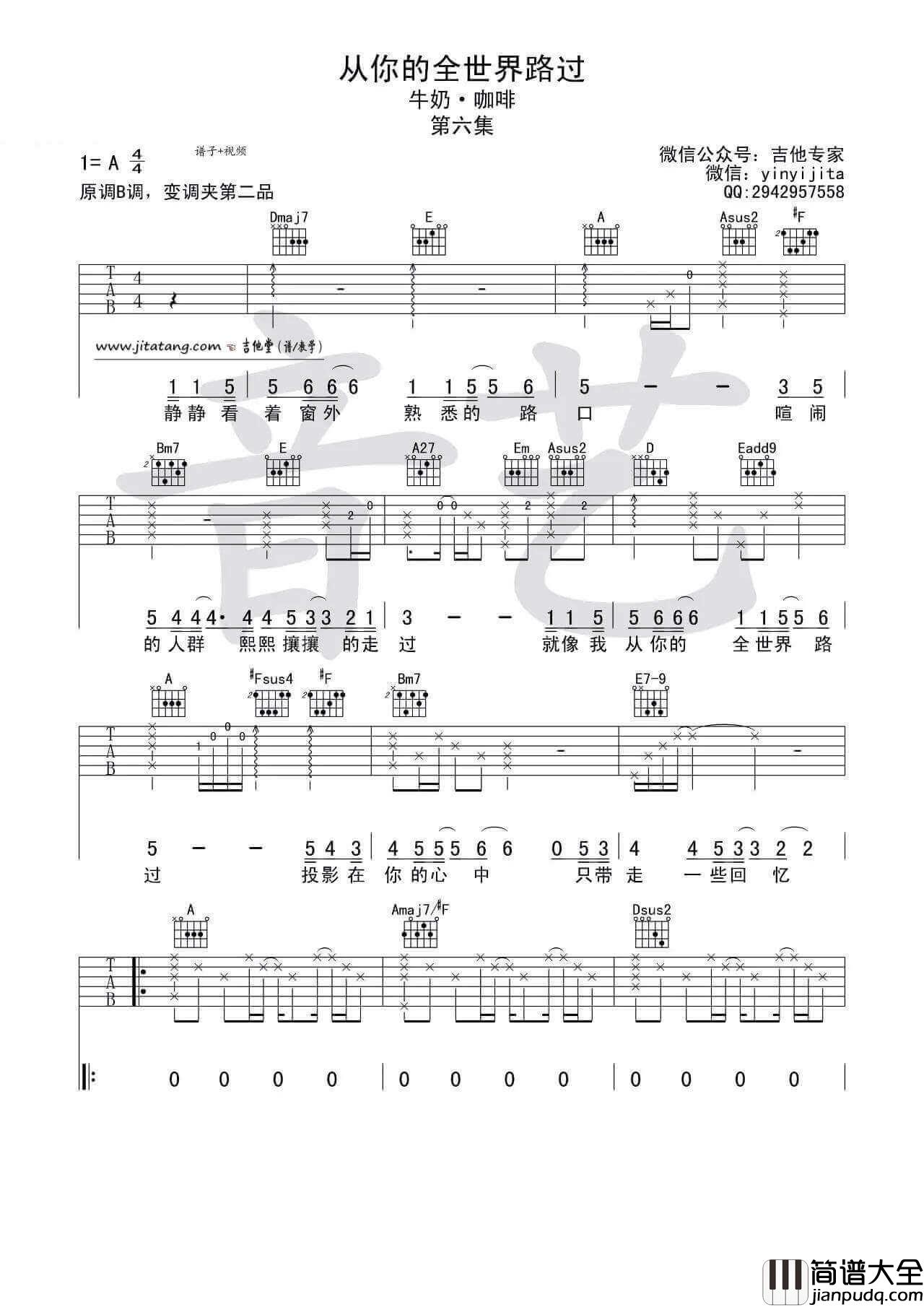 从你的全世界路过吉他谱_A调简单版_牛奶咖啡