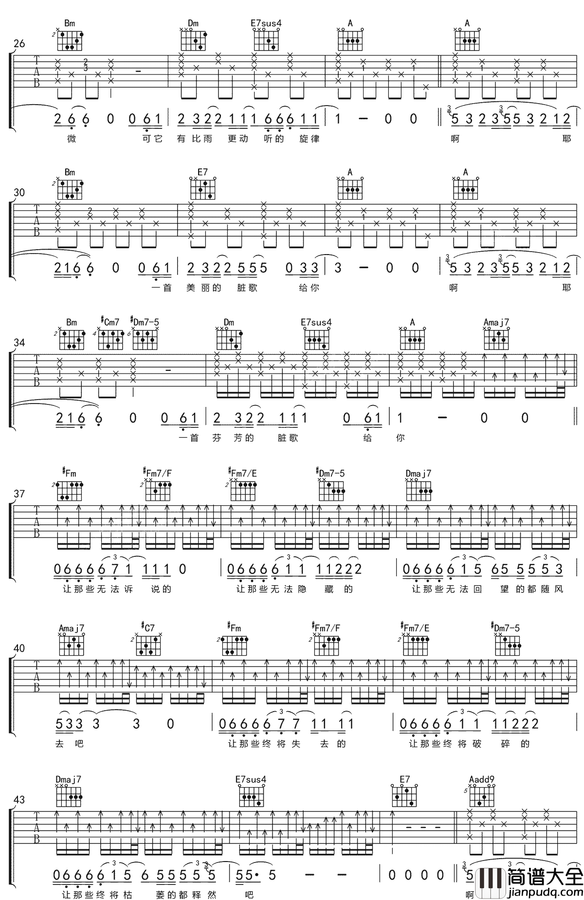 脏歌吉他谱_汪峰__脏歌_A调原版弹唱六线谱