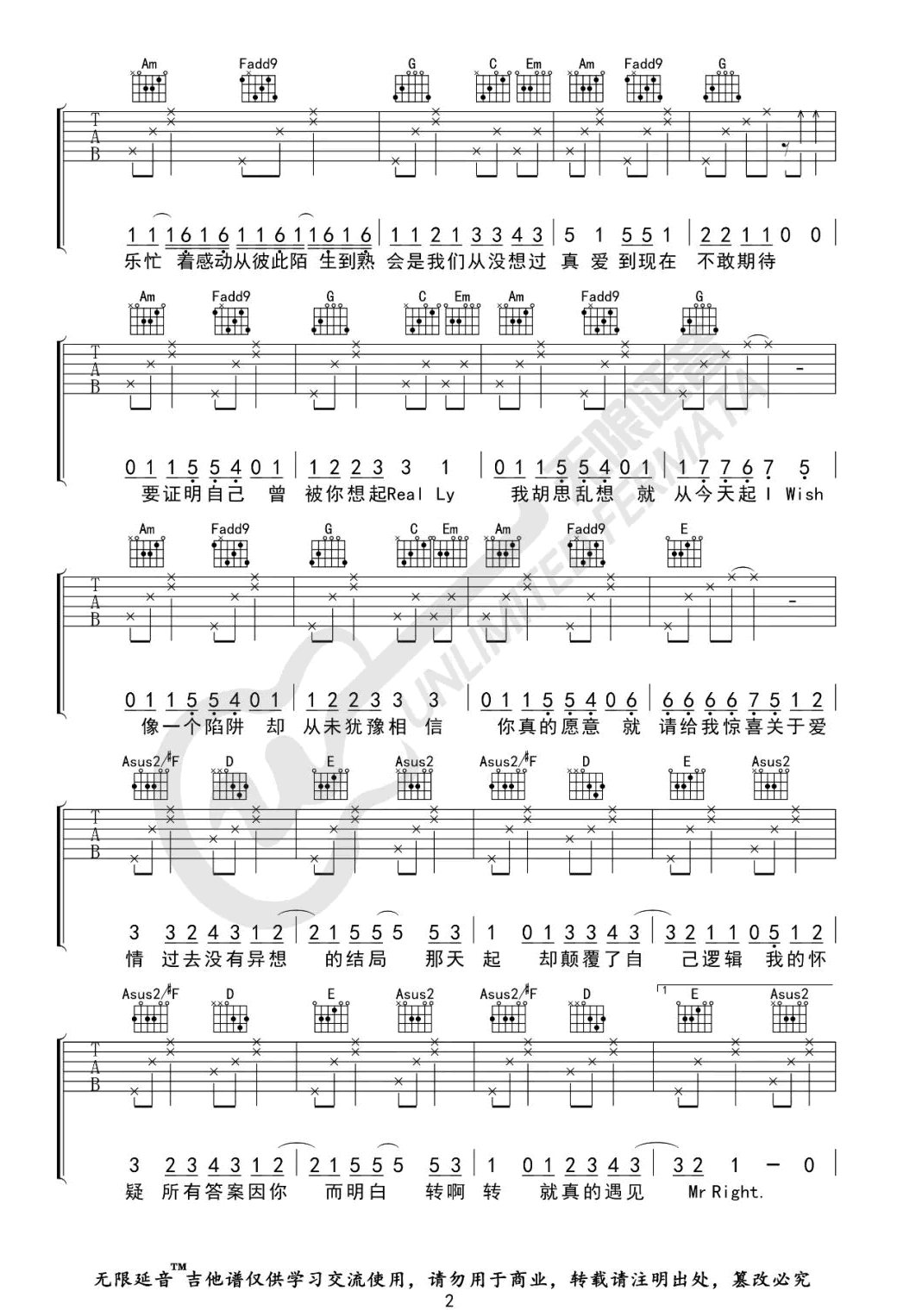 说爱你吉他谱_沈以诚/蔡依林_A调指法_弹唱六线谱