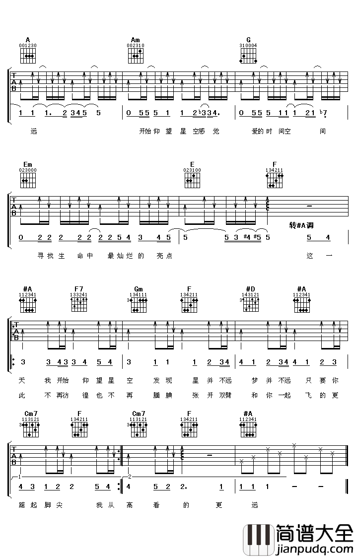仰望星空吉他谱_张杰_A调弹唱六线谱
