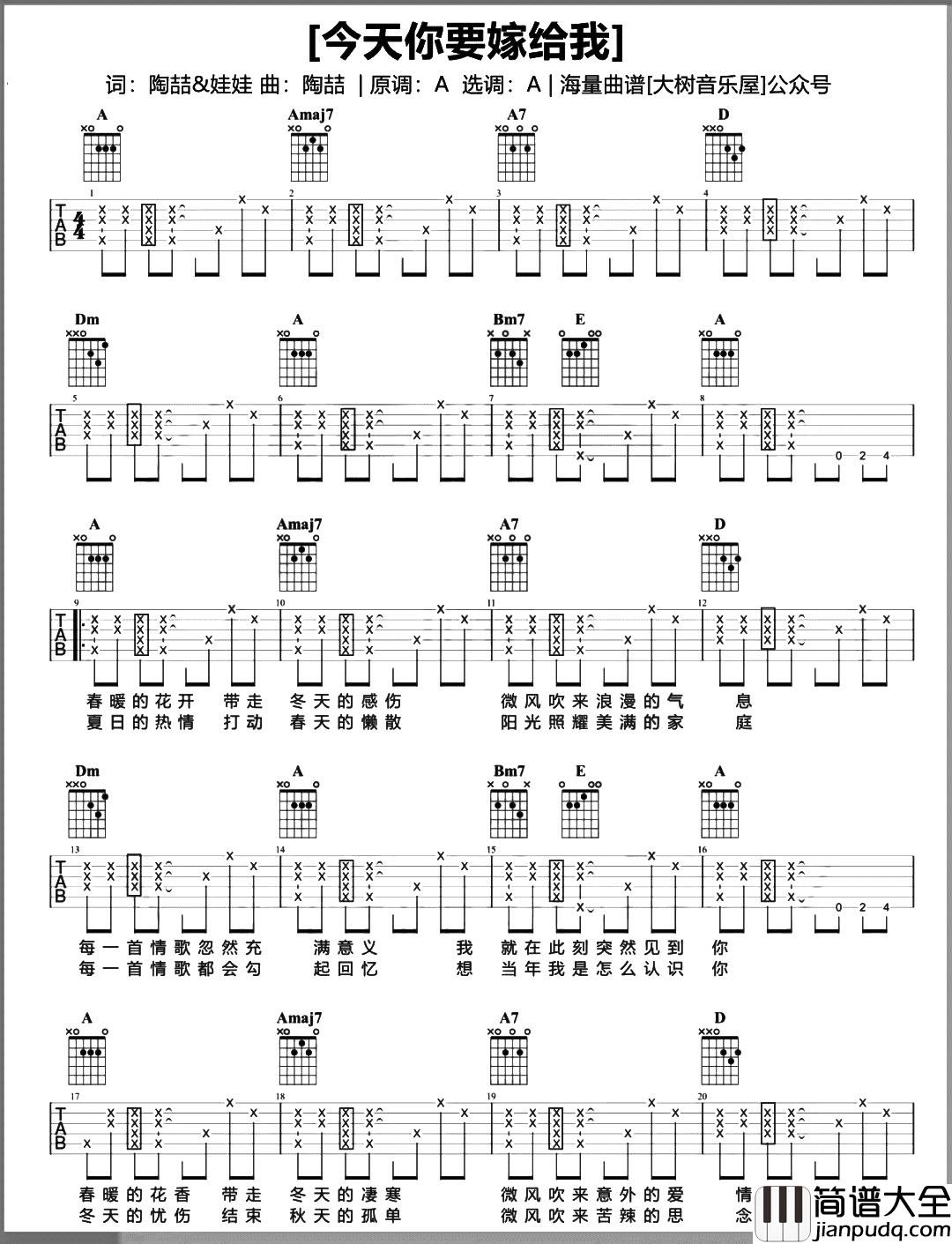 今天你要嫁给我吉他谱_A调原版_陶喆/蔡依林_吉他弹唱演示/教学