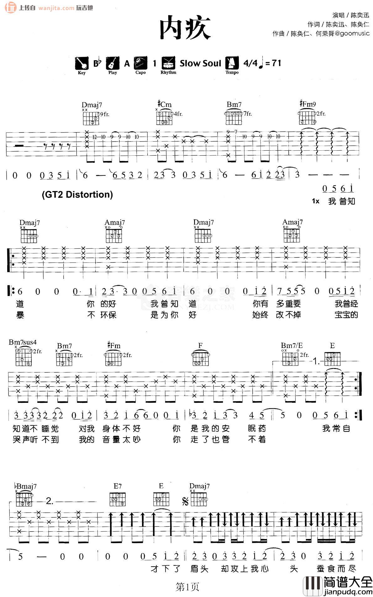 内疚吉他谱_陈奕迅_A调原版六线谱__内疚_吉他弹唱谱
