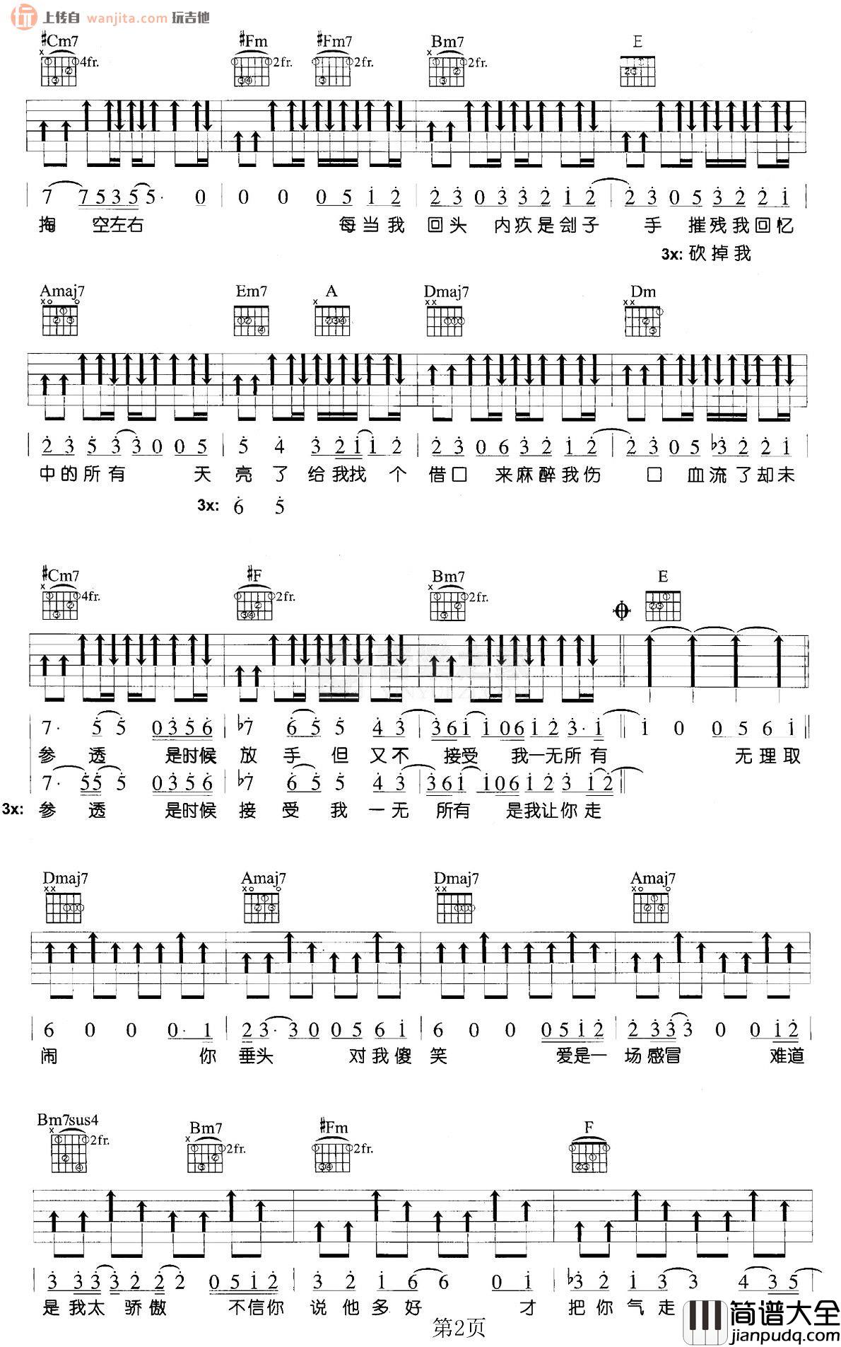 内疚吉他谱_陈奕迅_A调原版六线谱__内疚_吉他弹唱谱