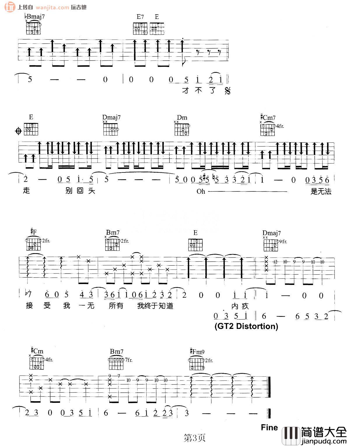 内疚吉他谱_陈奕迅_A调原版六线谱__内疚_吉他弹唱谱