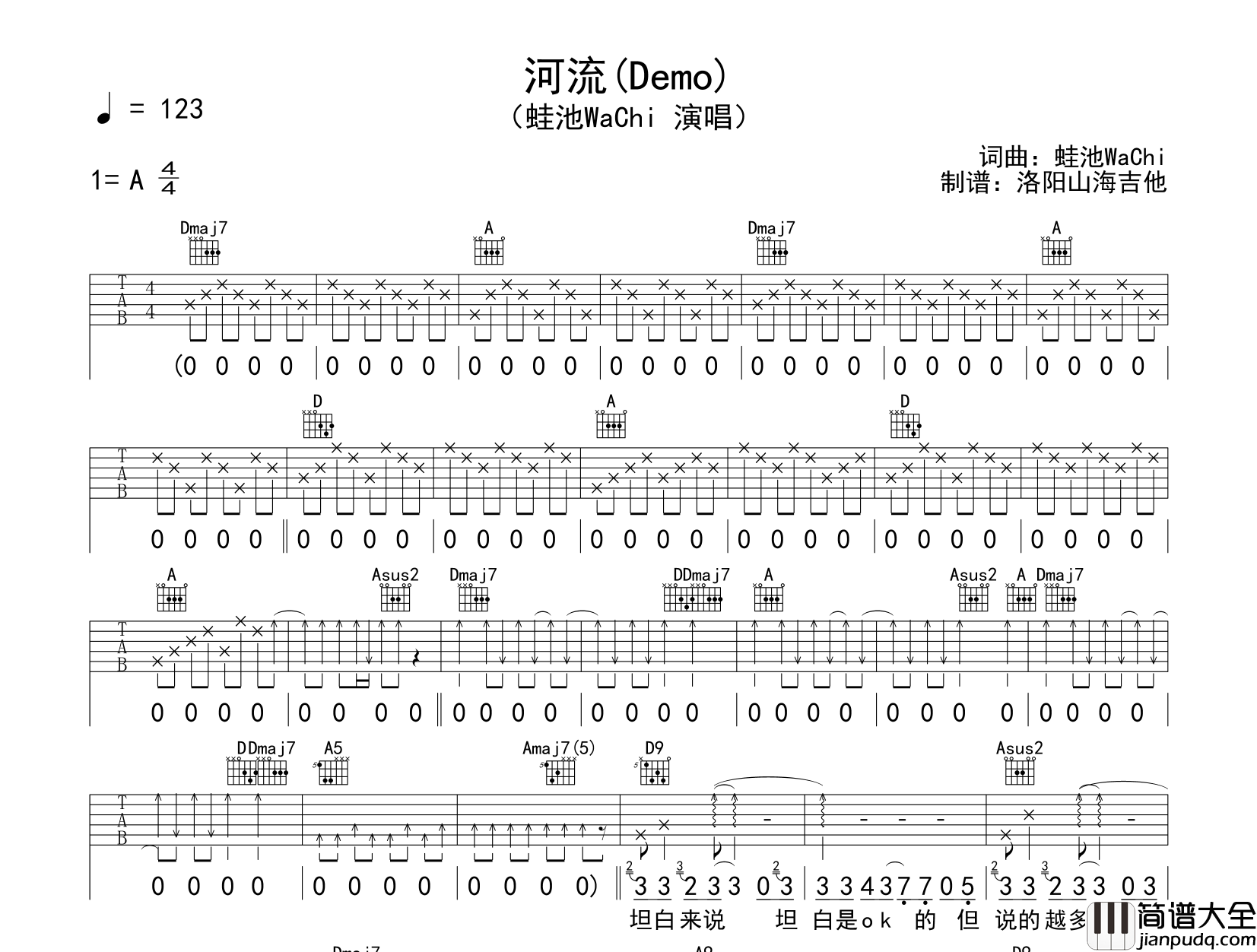 蛙池WaChi_河流_吉他谱__河流_A调六线谱