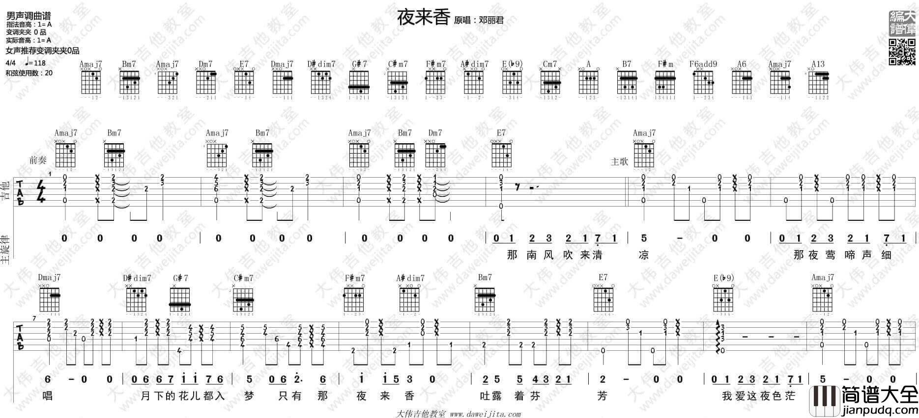 夜来香吉他谱_A调精选版_邓丽君