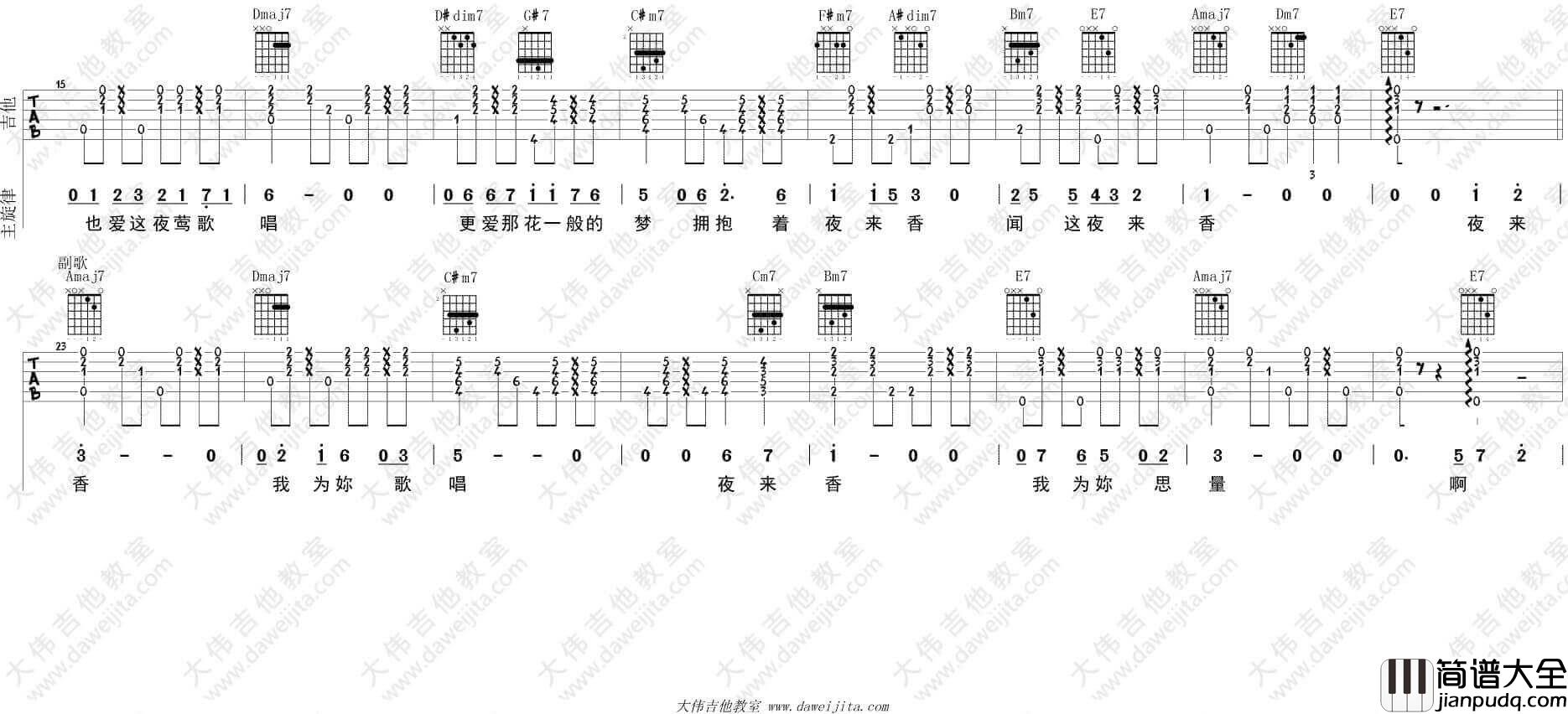 夜来香吉他谱_A调精选版_邓丽君