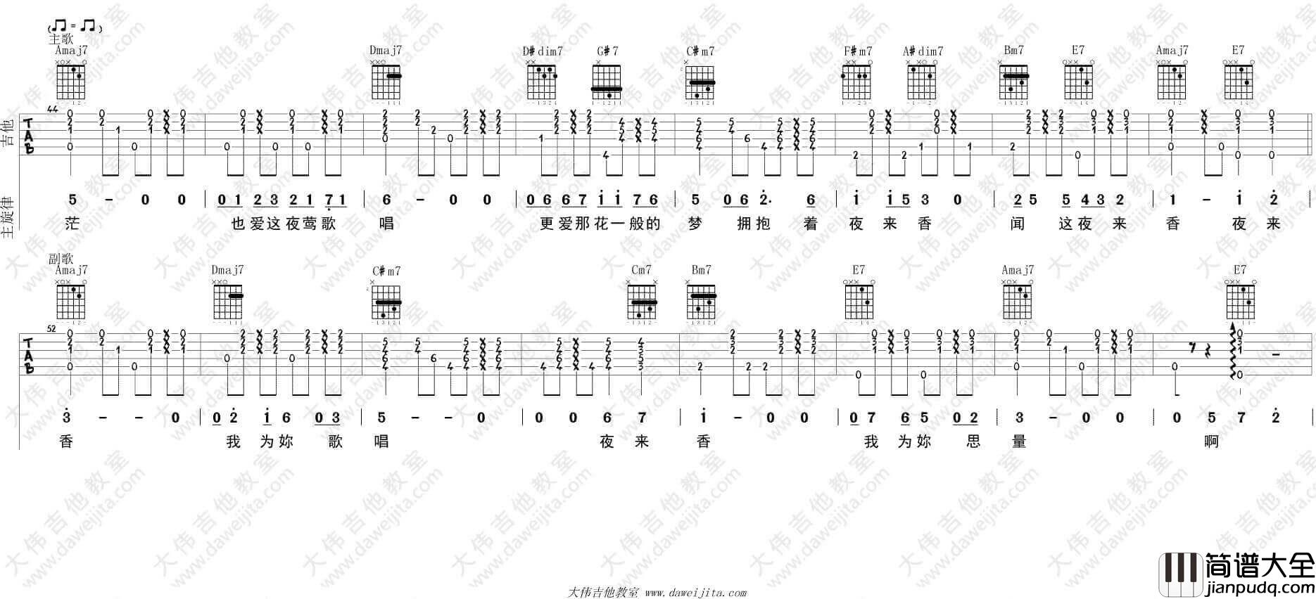 夜来香吉他谱_A调精选版_邓丽君