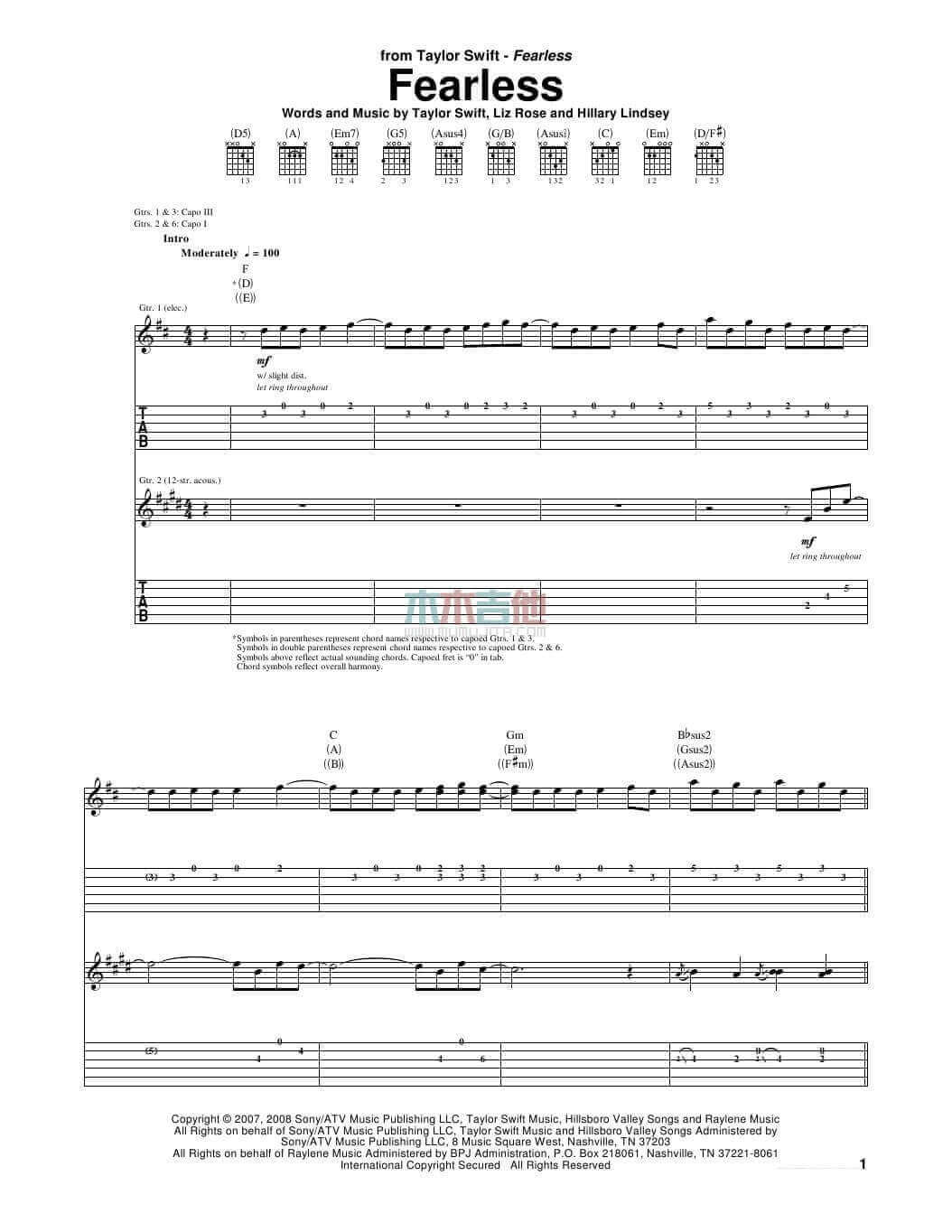 fearless吉他谱_A调女生版_Taylor_Swift