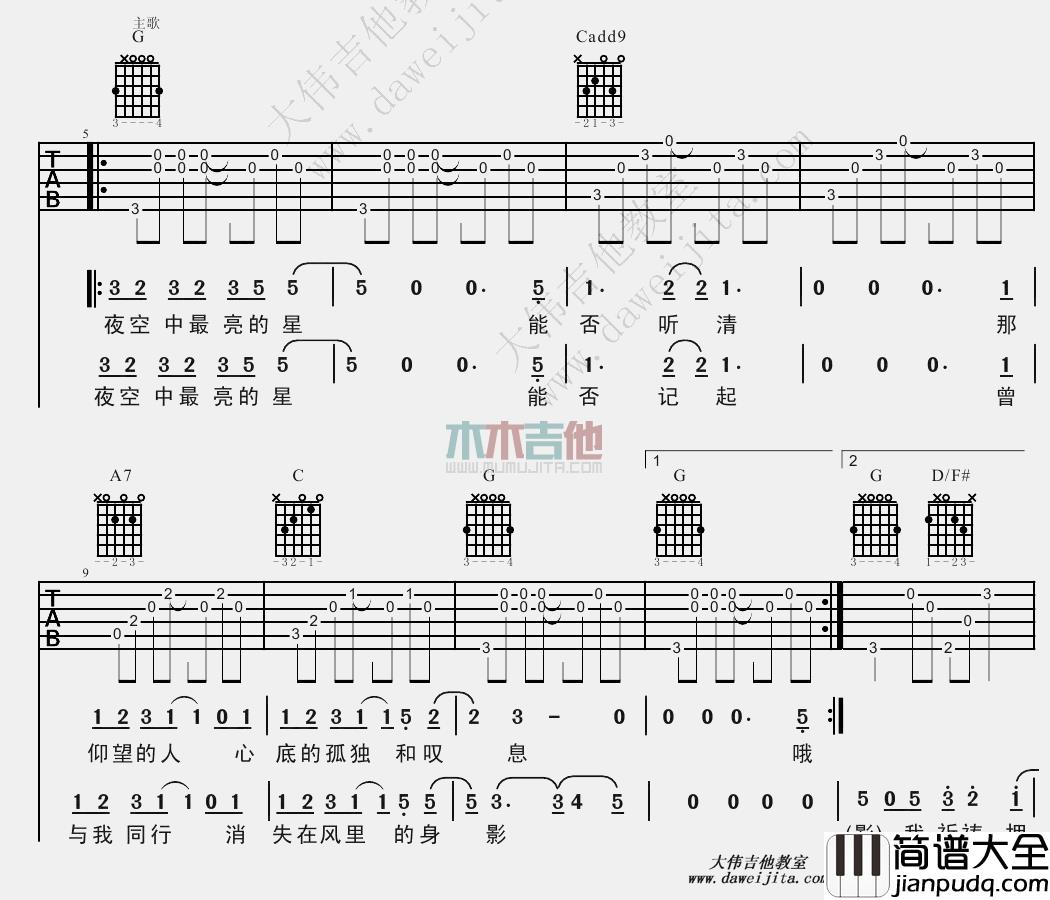 逃跑计划_夜空中最亮的星_吉他谱(B调)_Guitar_Music_Score