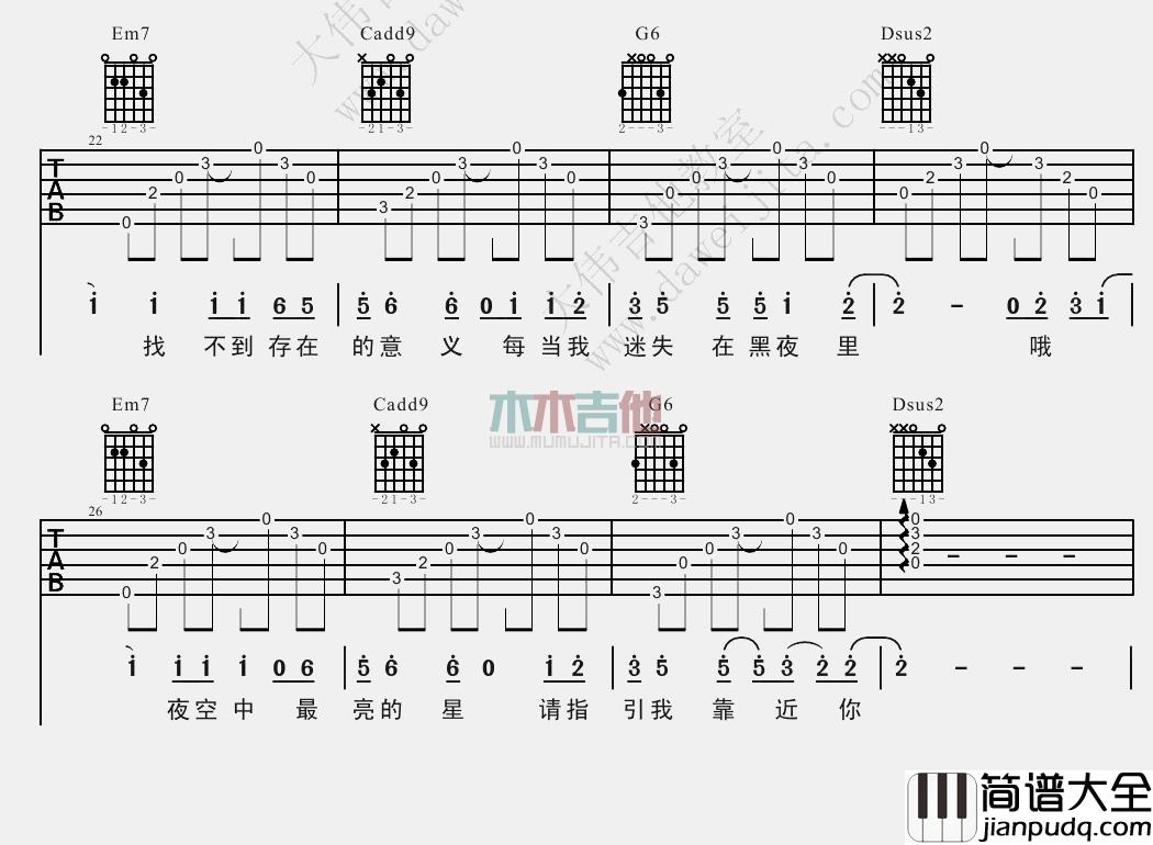 逃跑计划_夜空中最亮的星_吉他谱(B调)_Guitar_Music_Score