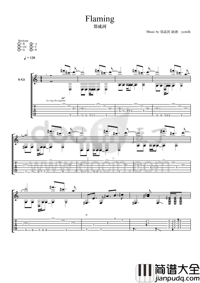 flaming吉他指弹谱_B调_豆丁网编配_郑成河