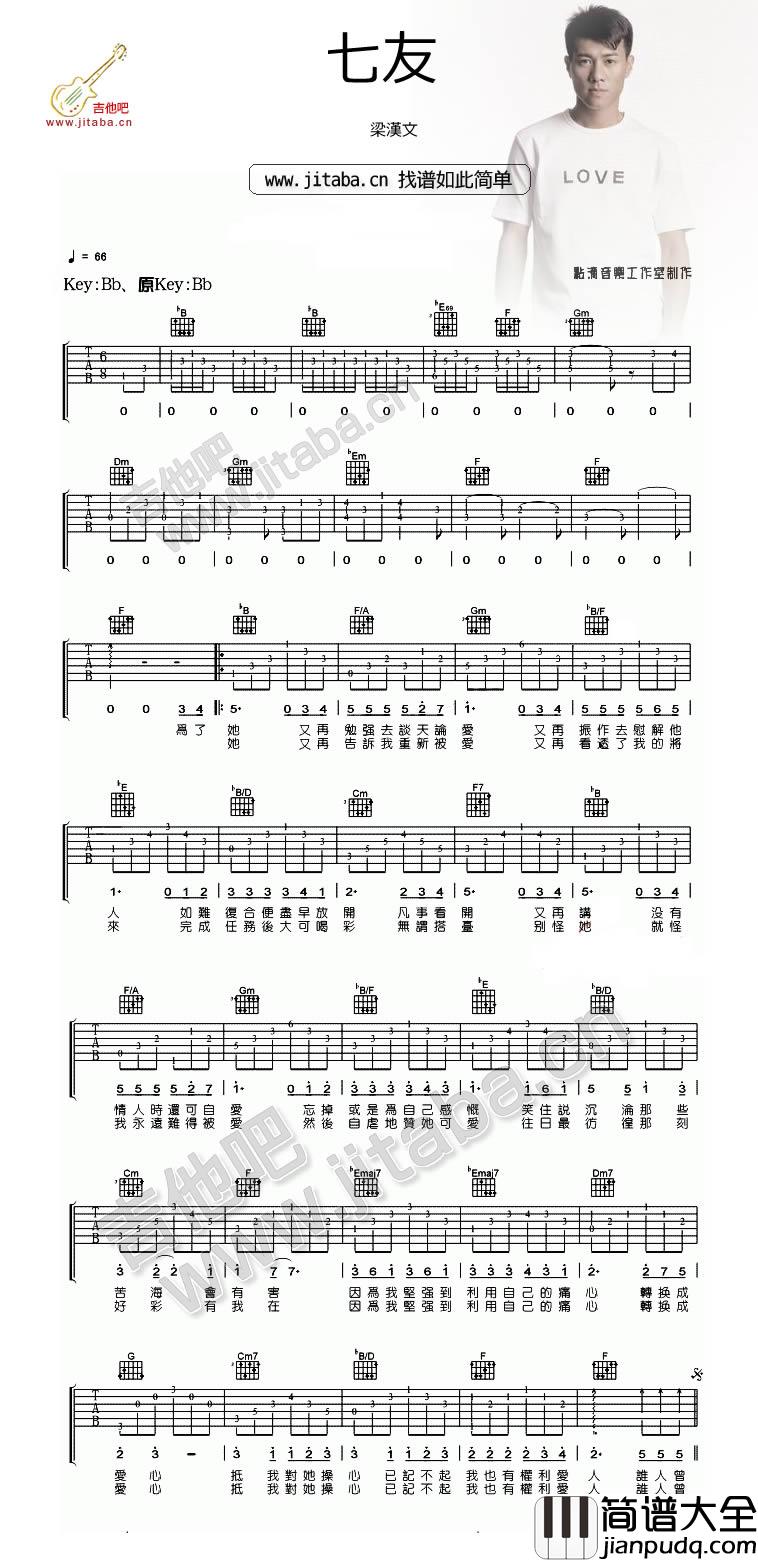 七友吉他谱_B调男生版_吉他吧编配_梁汉文