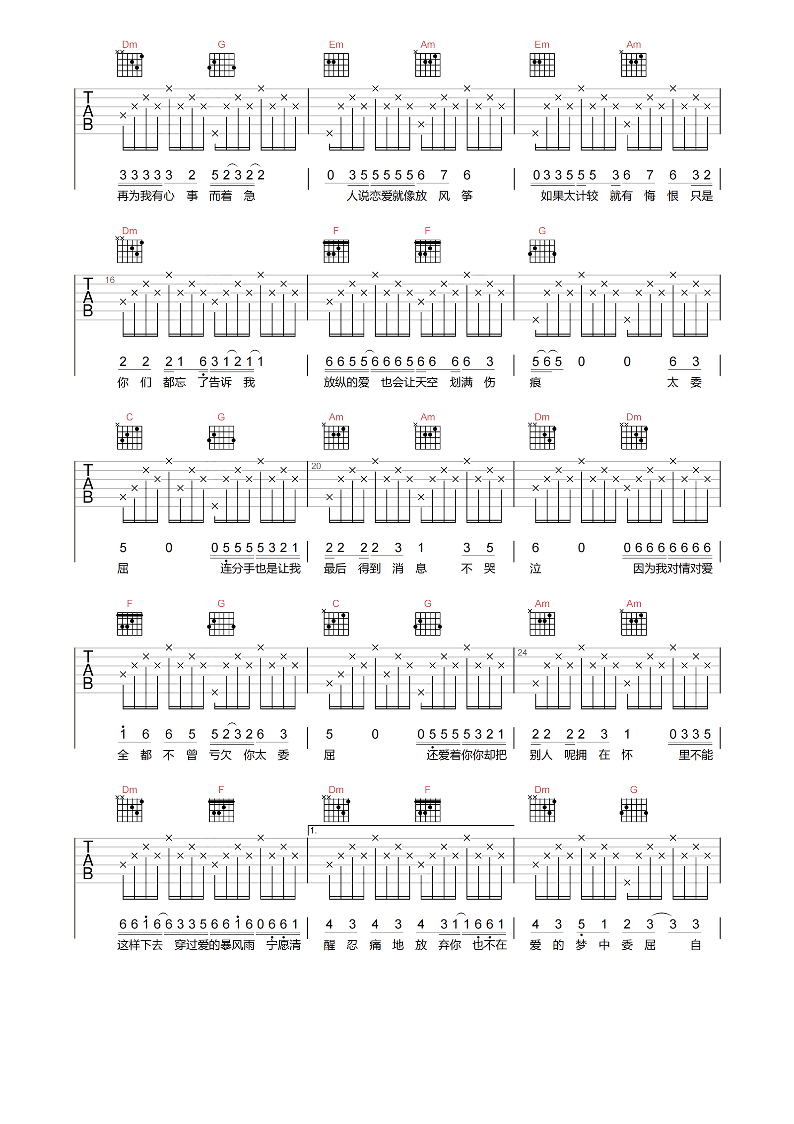 太委屈吉他谱_陶晶莹_B调完整原版_附PDF图片谱