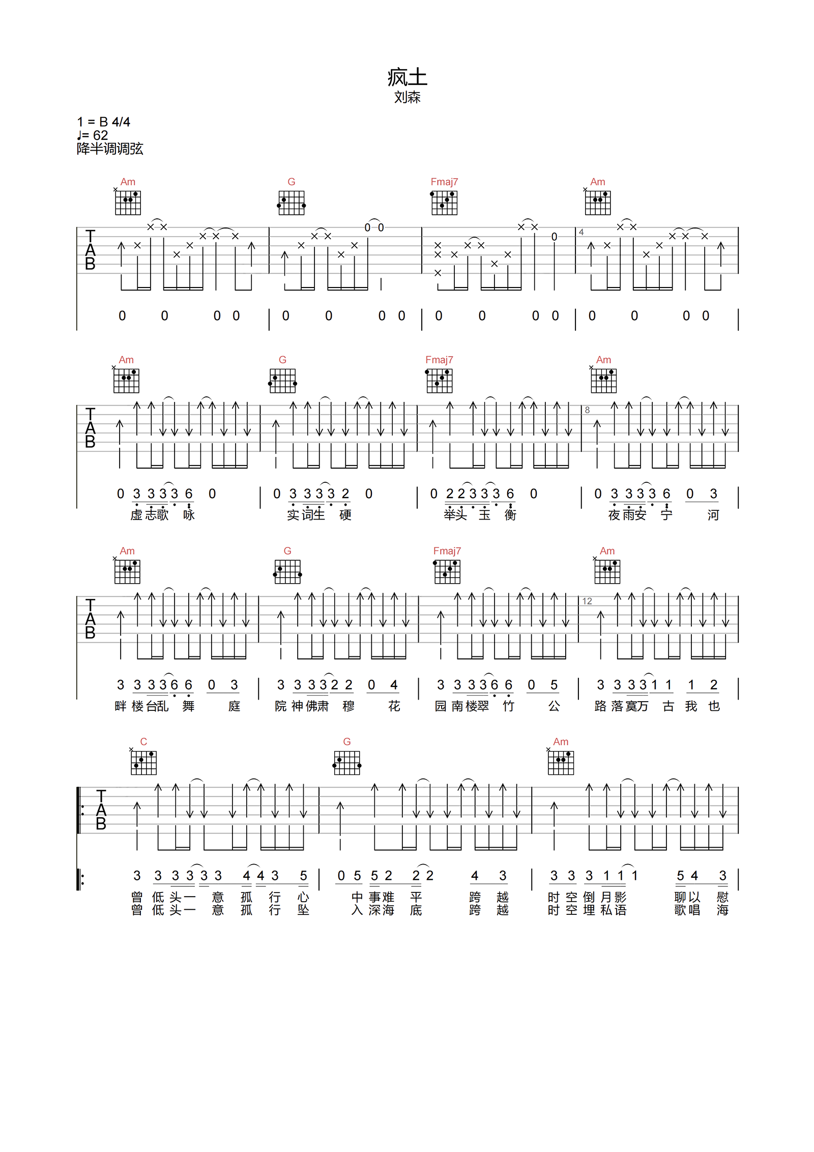刘森_疯土_吉他谱_B调原版弹唱谱
